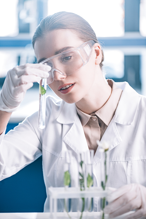 selective focus of attractive biochemist in goggles holding test tube with green plant