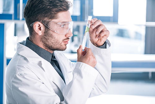 handsome man in goggles and white coat holding test tube with green plant in laboratory