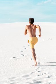 back view of man in swim shorts with muscular torso running on sandy beach