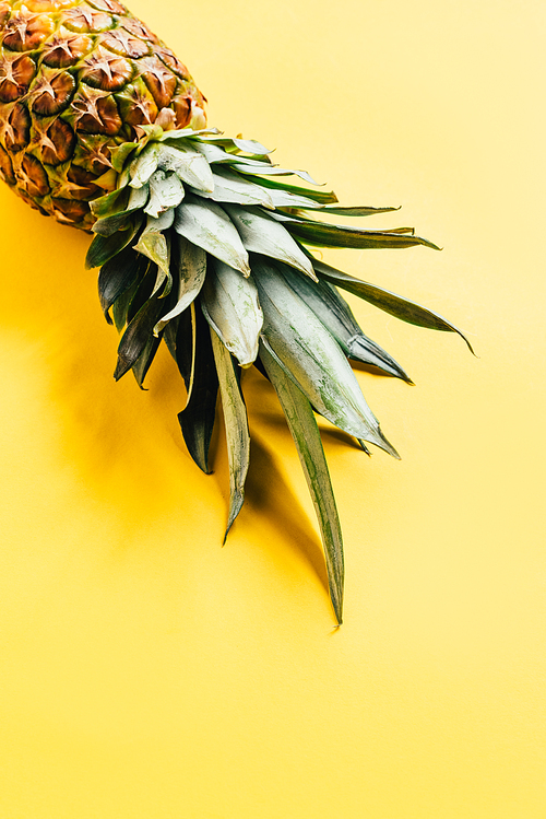 fresh ripe pineapple with green leaves on yellow background