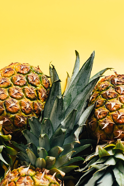 fresh ripe pineapples with green leaves on yellow background