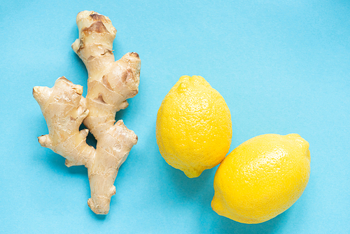 top view of ripe yellow lemons and ginger root on blue background