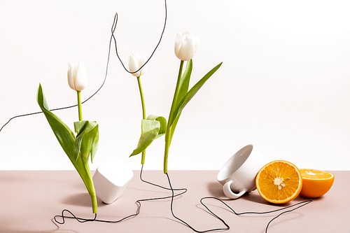 floral and fruit composition with tulips, orange, cup isolated on beige