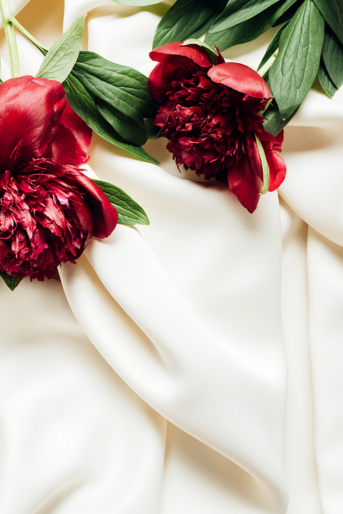 top view of bouquet of red peonies on white cloth