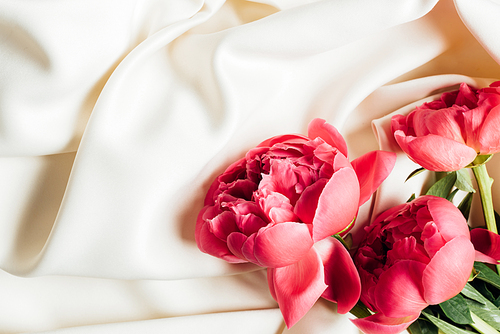 top view of pink beautiful peonies on white cloth