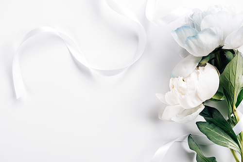 top view of blue and white peonies with ribbon on white background