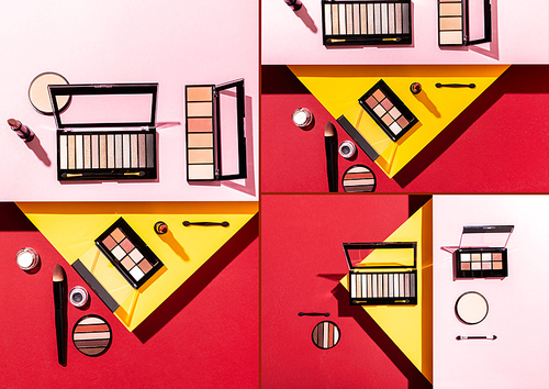 collage of eye shadow palettes near cosmetic brushes, lipsticks and face powder on crimson, pink and yellow