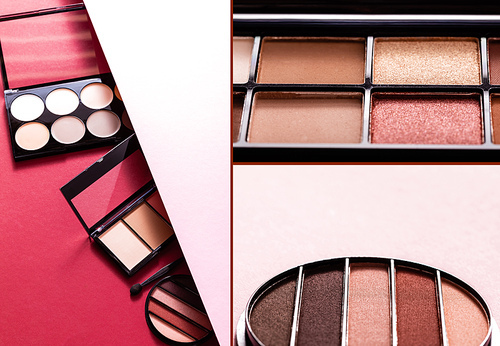 collage of pastel eye shadow and blush palettes on pink and crimson