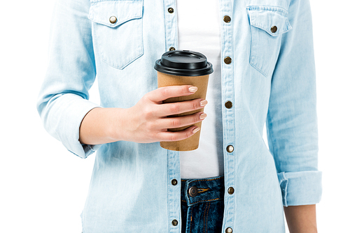 cropped view of woman in denim shirt holding paper cup isolated on white