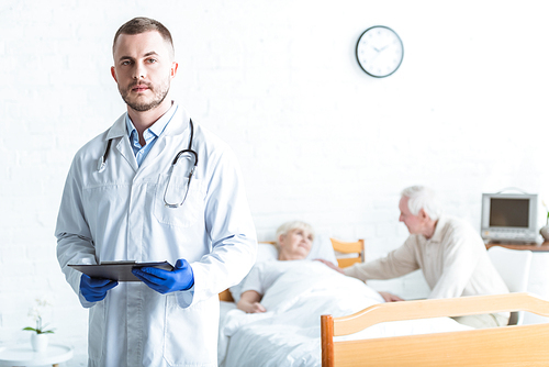 doctor holding clipboard, sick patient and senior man in clinic