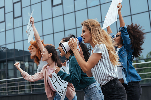 selective focus of girl with megaphone near multicultural women holding placards on meeting