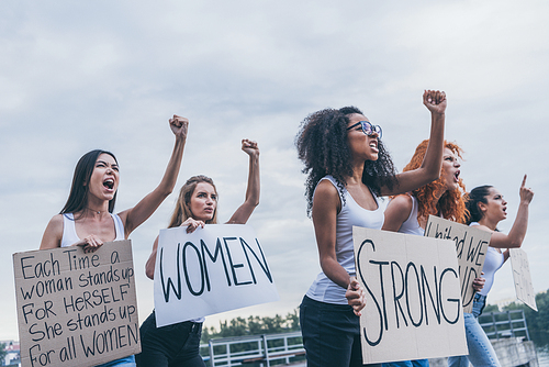 emotional multicultural women holding placards and gesturing outside