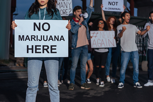 cropped view of woman holding placard with no marijuana lettering near screaming multicultural people