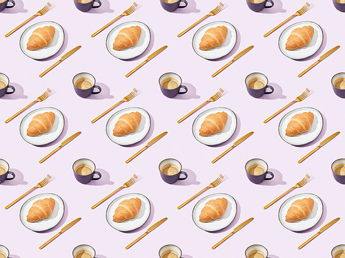 golden forks and knives, croissants and coffee on violet, seamless background pattern