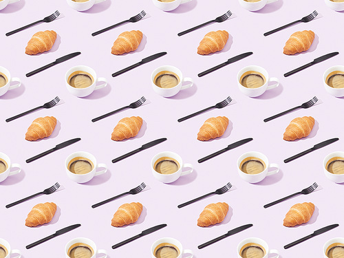 black forks and knives, croissants and coffee on violet, seamless background pattern