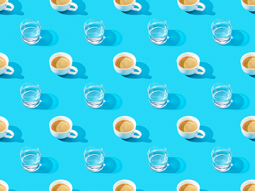 cups of fresh coffee and water on blue, seamless background pattern