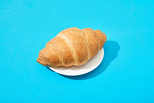 fresh croissant on plate on blue background