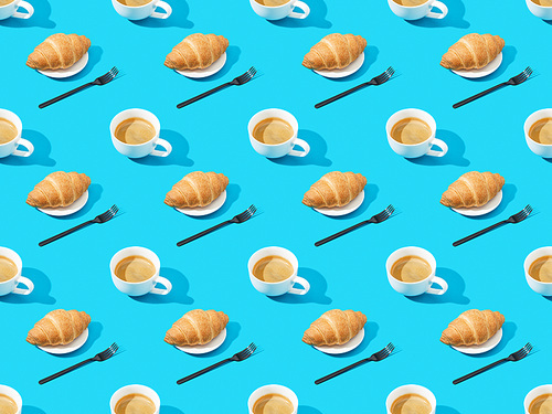 forks, fresh croissants on plates and coffee on blue, seamless background pattern
