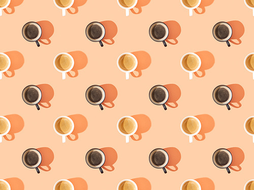 top view of cups of fresh coffee on orange, seamless background pattern