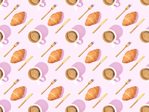 top view of cutlery, croissants on plates and coffee on pink, seamless background pattern