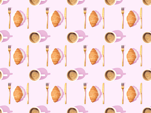 top view of cutlery, croissants on plates and coffee on pink, seamless background pattern