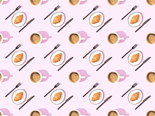 top view of cutlery, croissants on plates and coffee on pink, seamless background pattern