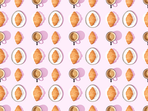 top view of croissants and coffee on pink, seamless background pattern