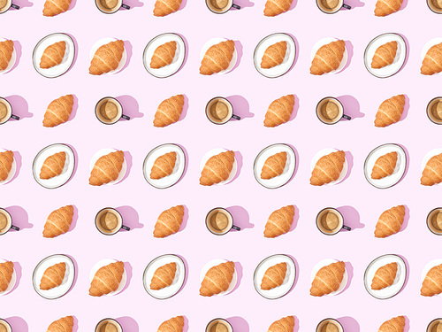 top view of croissants and coffee on pink, seamless background pattern