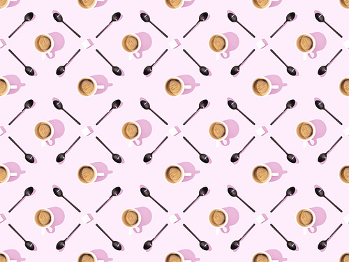 top view of cups of fresh coffee, spoons and sugar on violet, seamless background pattern