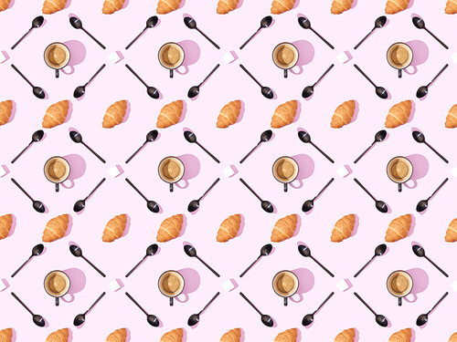 top view of spoons, sugar, croissants and coffee on pink, seamless background pattern