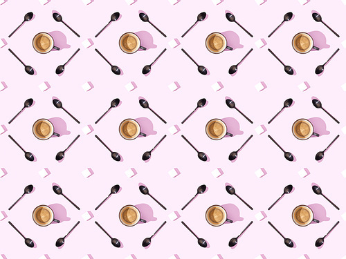 top view of cups of fresh coffee, spoons and sugar on violet, seamless background pattern