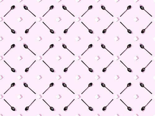top view of lump sugar with black spoons on violet, seamless background pattern