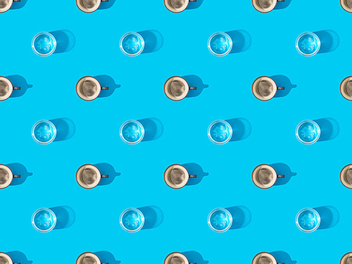 top view of cups of fresh coffee and glasses of water on blue, seamless background pattern