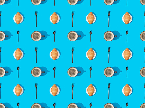 top view of cutlery, croissants on plates and coffee on blue, seamless background pattern