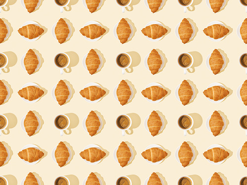 top view of croissants and coffee on beige, seamless background pattern