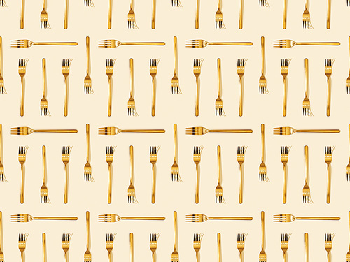 top view of golden forks on beige, seamless background pattern