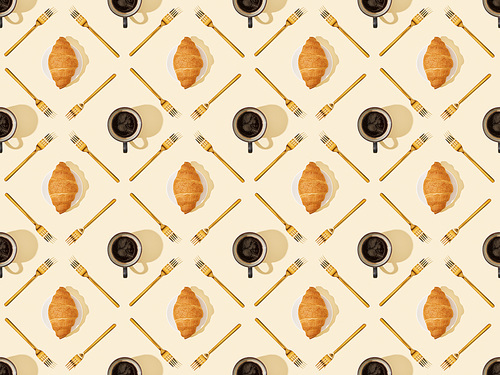 top view of golden forks, croissants and coffee on beige, seamless background pattern