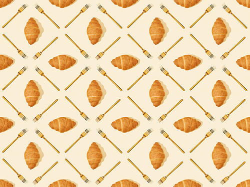 top view of golden forks and croissants on beige, seamless background pattern