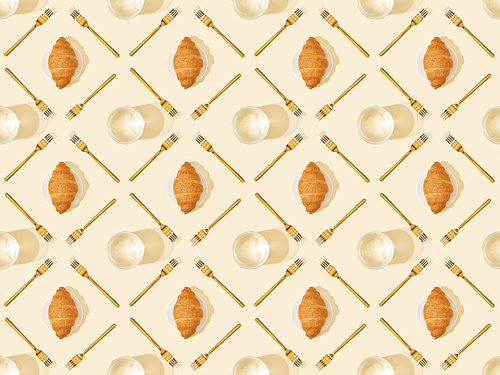 top view of golden forks, glasses of water and croissants on beige, seamless background pattern