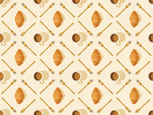top view of golden forks, croissants and coffee on beige, seamless background pattern