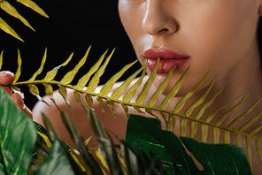 Cropped view of woman with leaves isolated on black