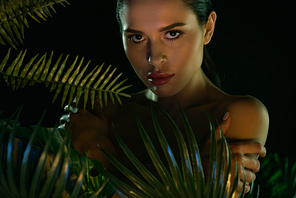 Attractive girl with crossed arms  behind leaves isolated on black