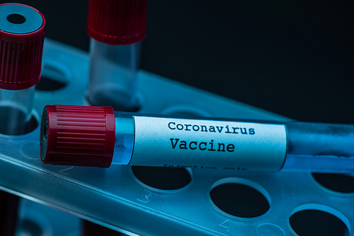Test tube rack with coronavirus vaccine on dark background
