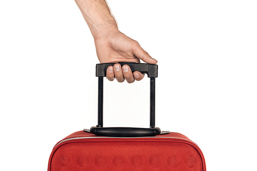 cropped view of man holding travel bag on white background