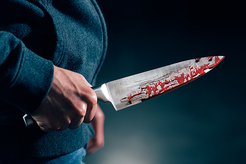 cropped view of murderer holding knife in blood