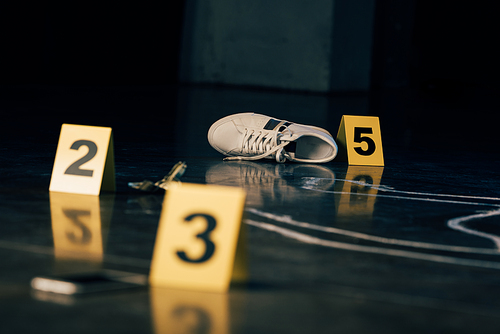 selective focus of shoe, dollar banknote, chalk outline and evidence markers at crime scene