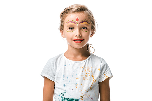 happy child with face painting smiling isolated on white