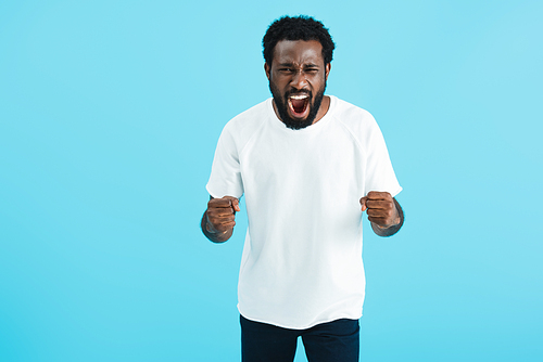 aggressive african american man screaming isolated on blue