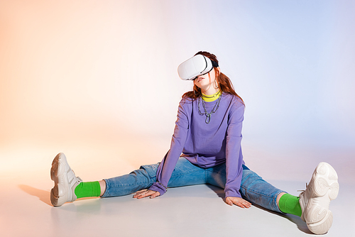 bored teen girl using vr headset, on purple and beige