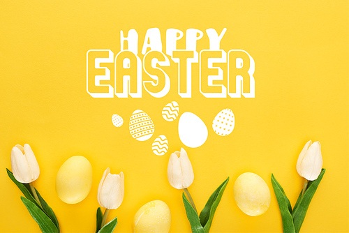 top view of tulips and painted Easter eggs on colorful yellow background with happy Easter illustration